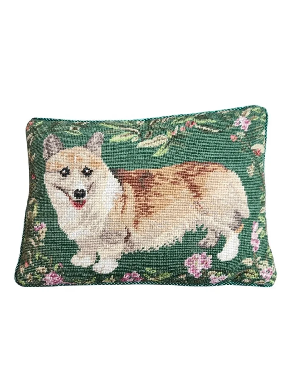 Handmade Needlepoint Corgi Dog Pillow Velvet Back Zipper 15x11 Floral Cottagecor